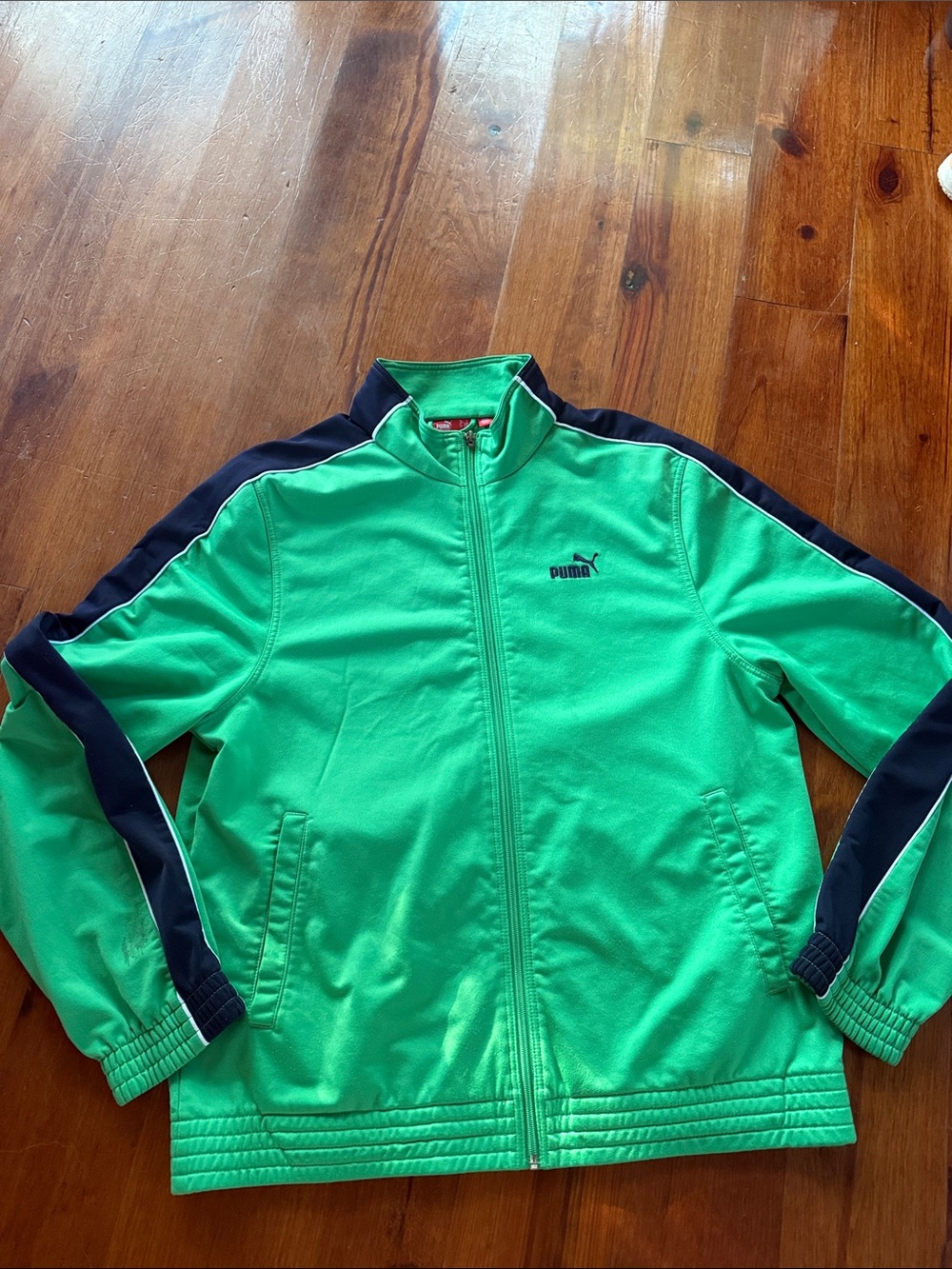 Puma Men’s Green Track Jacket with Navy Stripe Size Large